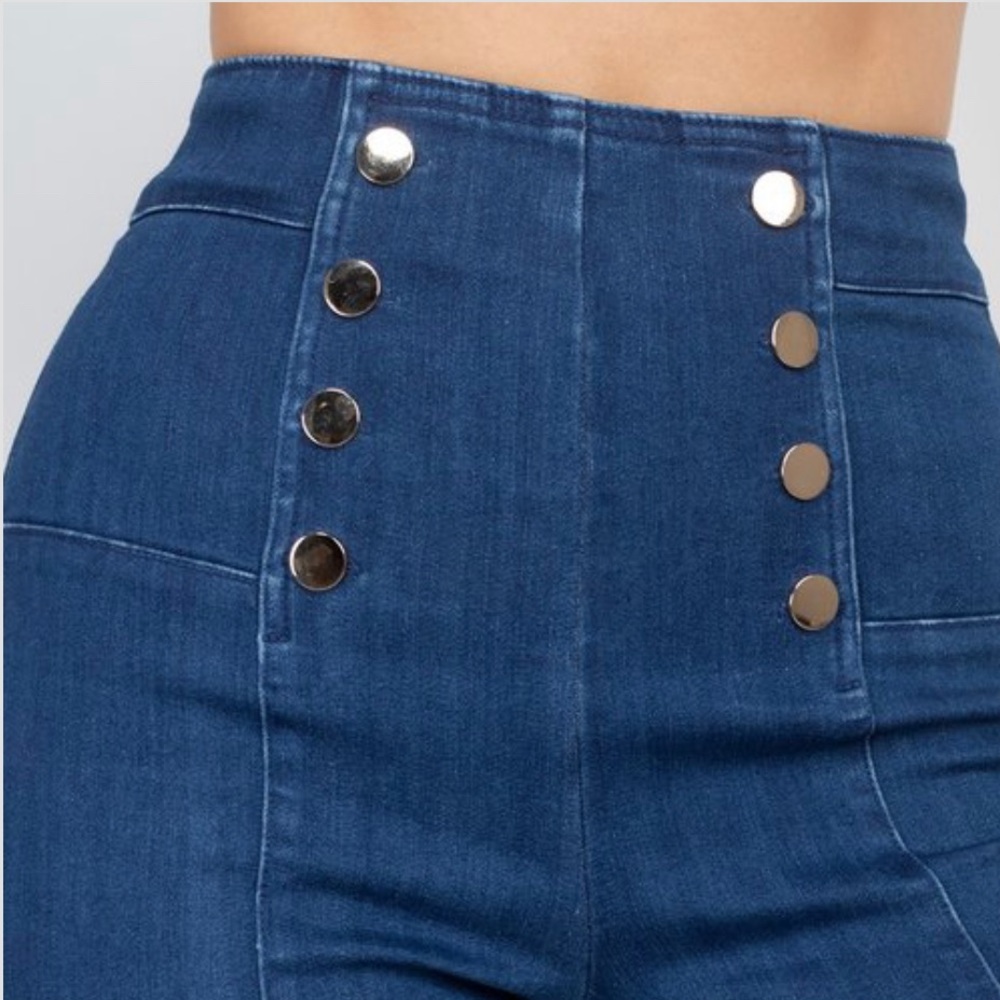 NEW FALL TRENDY DARK BLUE WASH DENIM HIGH WAIST WOMEN JEANS GOLD BUTTON DETAILS - Picture 7 of 12